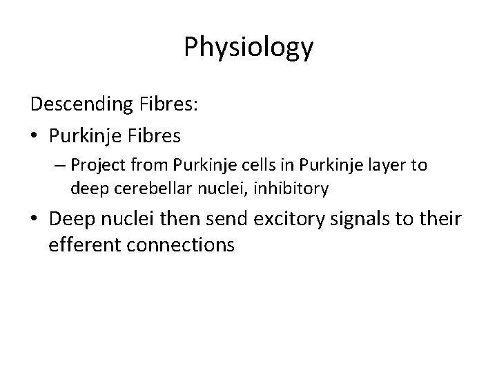 Physiology Descending Fibres: • Purkinje Fibres – Project from Purkinje cells in Purkinje layer