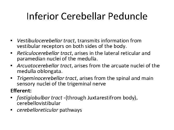 Inferior Cerebellar Peduncle • Vestibulocerebellar tract, transmits information from vestibular receptors on both sides