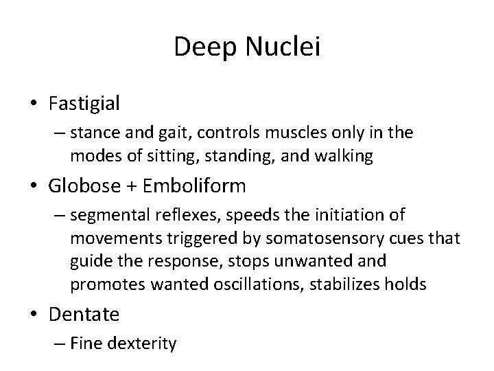 Deep Nuclei • Fastigial – stance and gait, controls muscles only in the modes