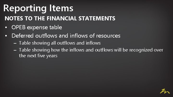 Reporting Items NOTES TO THE FINANCIAL STATEMENTS • OPEB expense table • Deferred outflows