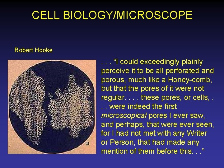 CELL BIOLOGY/MICROSCOPE Robert Hooke . . . “I could exceedingly plainly perceive it to