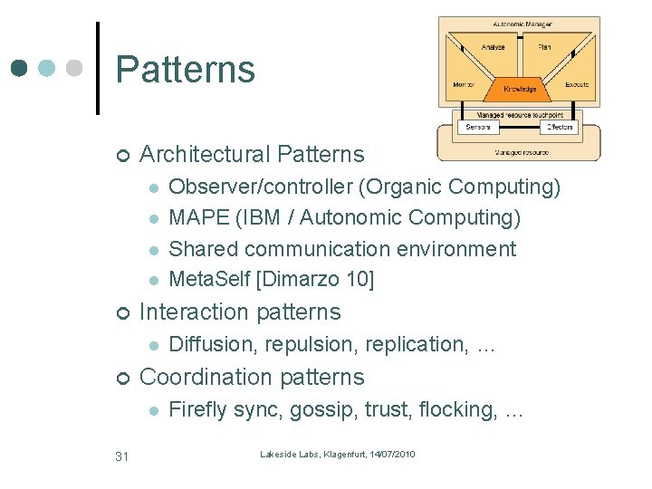 Patterns Architectural Patterns l l Interaction patterns l Diffusion, repulsion, replication, … Coordination patterns