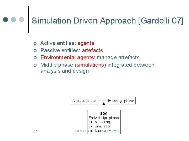 Simulation Driven Approach [Gardelli 07] 45 Active entities: agents Passive entities: artefacts Environmental agents:
