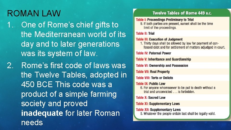 ROMAN LAW 1. One of Rome’s chief gifts to the Mediterranean world of its