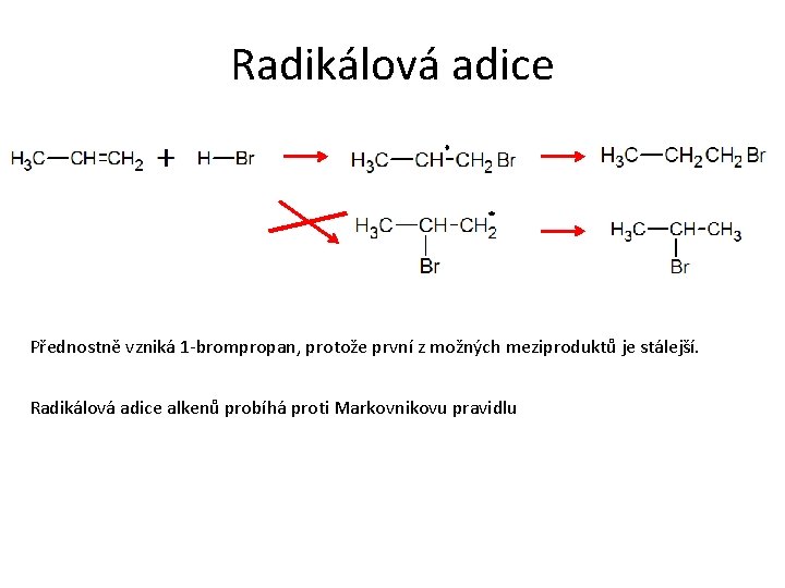 Radikálová adice Přednostně vzniká 1 -brompropan, protože první z možných meziproduktů je stálejší. Radikálová