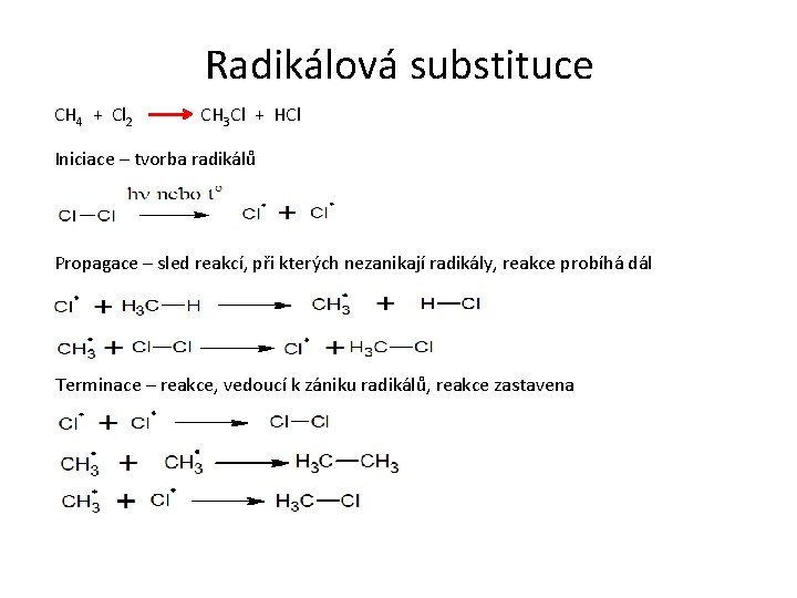 Radikálová substituce CH 4 + Cl 2 CH 3 Cl + HCl Iniciace –