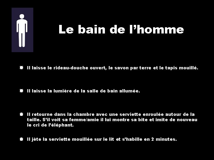 Le bain de l’homme Il laisse le rideau-douche ouvert, le savon par terre et