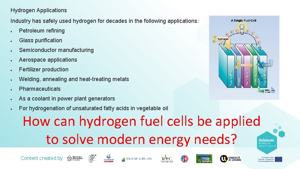 Hydrogen Applications Industry has safely used hydrogen for decades in the following applications: Petroleum