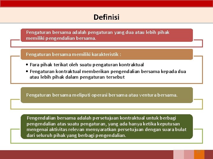 Definisi Pengaturan bersama adalah pengaturan yang dua atau lebih pihak memiliki pengendalian bersama. Pengaturan