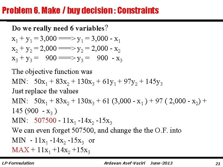 Problem 6. Make / buy decision : Constraints Do we really need 6 variables?