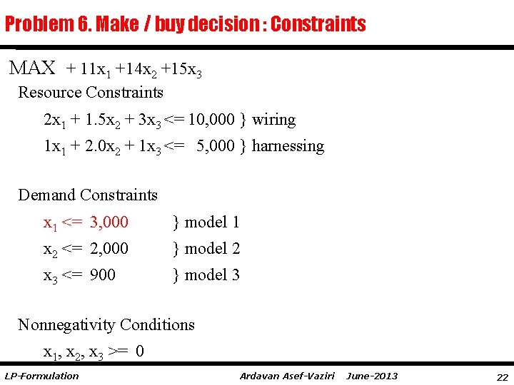 Problem 6. Make / buy decision : Constraints MAX + 11 x 1 +14