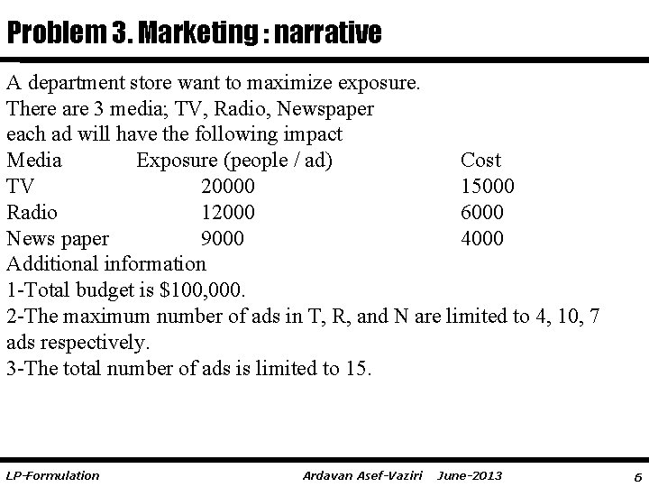 Problem 3. Marketing : narrative A department store want to maximize exposure. There are