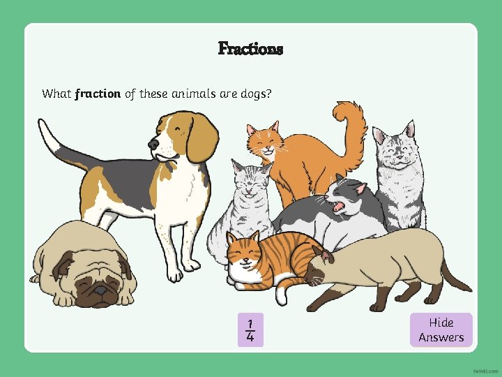 Fractions What fraction of these animals are dogs? ¼ Hide Show Answers 