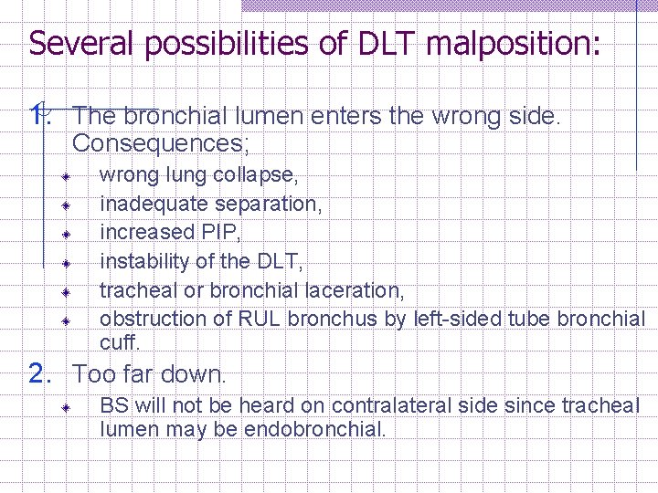 Several possibilities of DLT malposition: 1. The bronchial lumen enters the wrong side. Consequences;