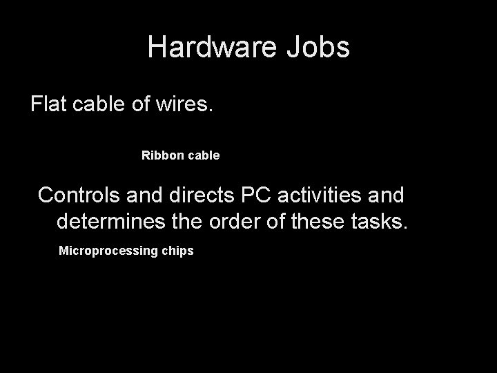 Hardware Jobs Flat cable of wires. Ribbon cable Controls and directs PC activities and