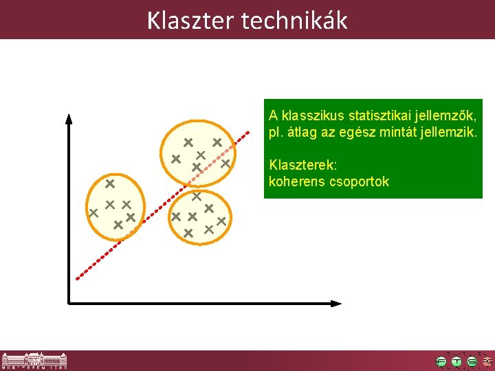 Klaszter technikák A klasszikus statisztikai jellemzők, pl. átlag az egész mintát jellemzik. Klaszterek: koherens