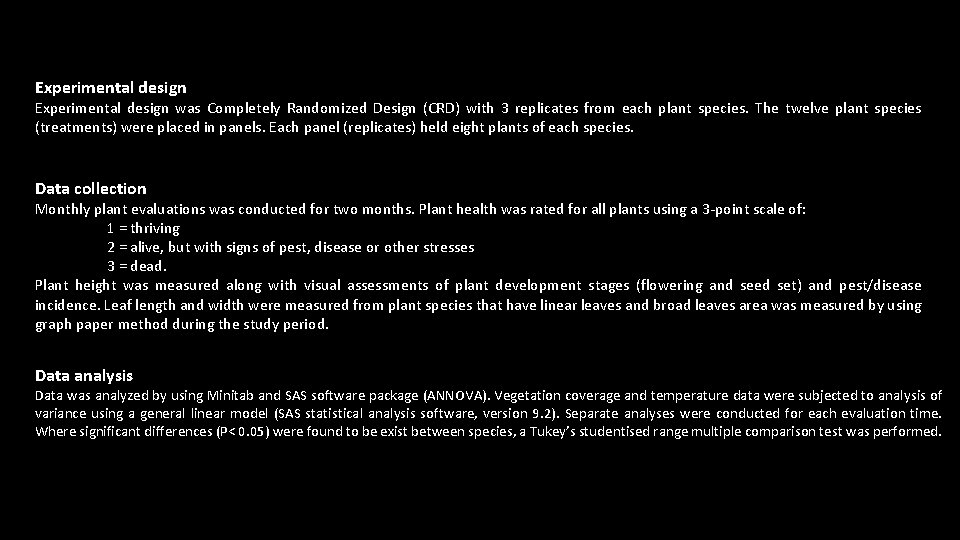 Experimental design was Completely Randomized Design (CRD) with 3 replicates from each plant species.