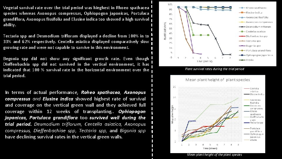 Results and discussion Vegetal survival rate over the trial period was hieghest in Rhoeo