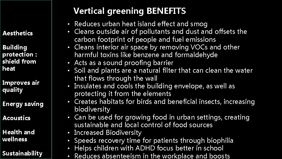 Vertical greening BENEFITS Aesthetics Building protection : shield from heat Improves air quality Energy