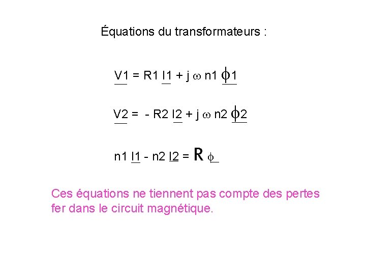 Équations du transformateurs : V 1 = R 1 I 1 + j n