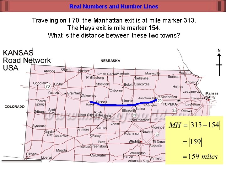 Real Numbers and Number Lines Traveling on I-70, the Manhattan exit is at mile