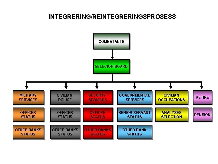 INTEGRERING/REINTEGRERINGSPROSESS COMBATANTS SELECION BOARD MILITARY SERVICES CIVILIAN POLICE SECURTY SERVICES GOVERNMENTAL SERVICES CIVILIAN OCCUPATIONS