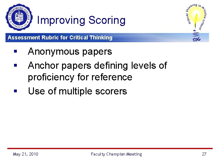 Improving Scoring Assessment Rubric for Critical Thinking § § § Anonymous papers Anchor papers