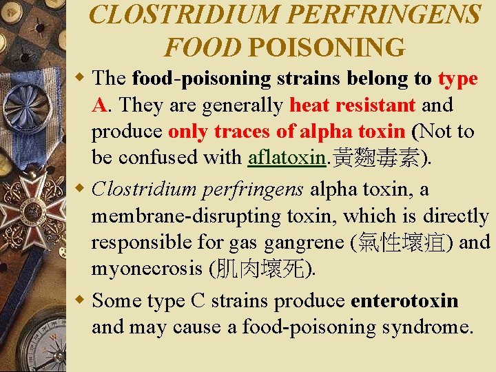 CLOSTRIDIUM PERFRINGENS FOOD POISONING w The food-poisoning strains belong to type A. They are