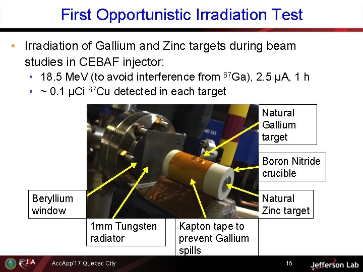 First Opportunistic Irradiation Test • Irradiation of Gallium and Zinc targets during beam studies