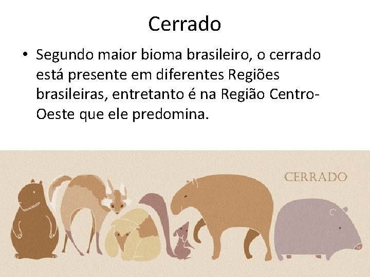 Cerrado • Segundo maior bioma brasileiro, o cerrado está presente em diferentes Regiões brasileiras,