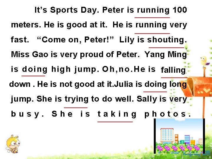 It’s Sports Day. Peter is running 100 ______ meters. He is good at it.