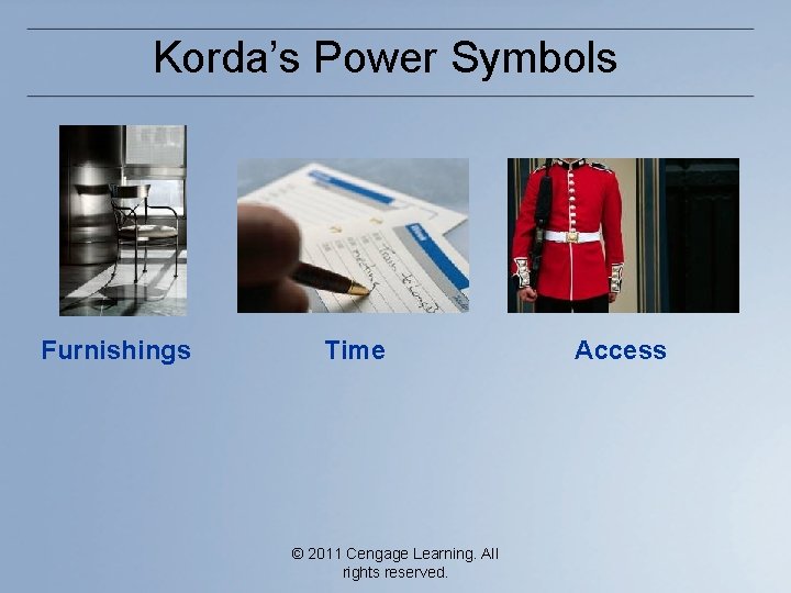 Korda’s Power Symbols Furnishings Time © 2011 Cengage Learning. All rights reserved. Access 