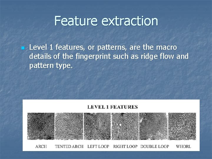 Feature extraction n Level 1 features, or patterns, are the macro details of the