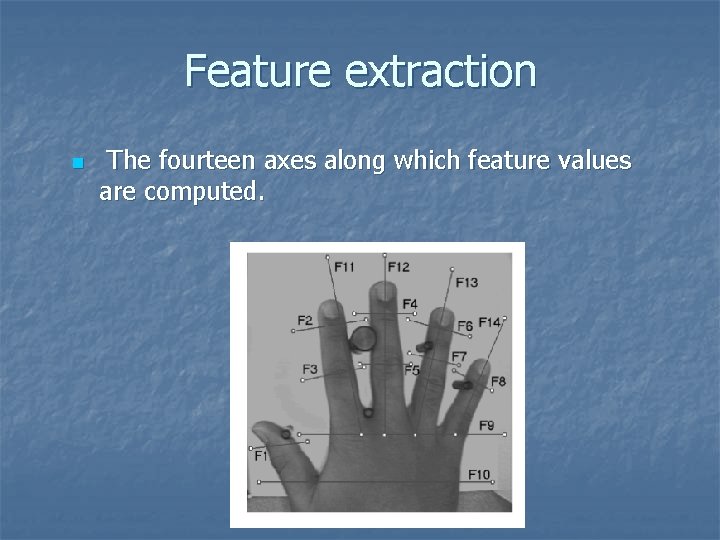 Feature extraction n The fourteen axes along which feature values are computed. 