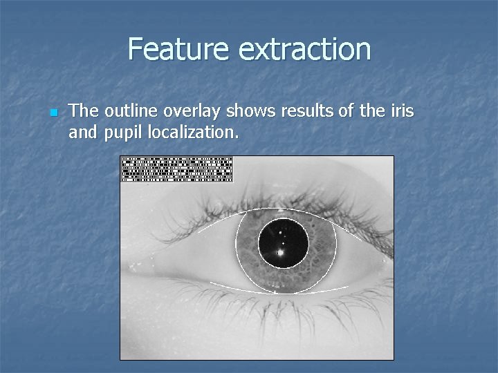 Feature extraction n The outline overlay shows results of the iris and pupil localization.