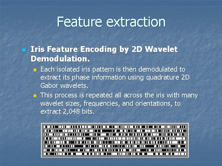 Feature extraction n Iris Feature Encoding by 2 D Wavelet Demodulation. n n Each