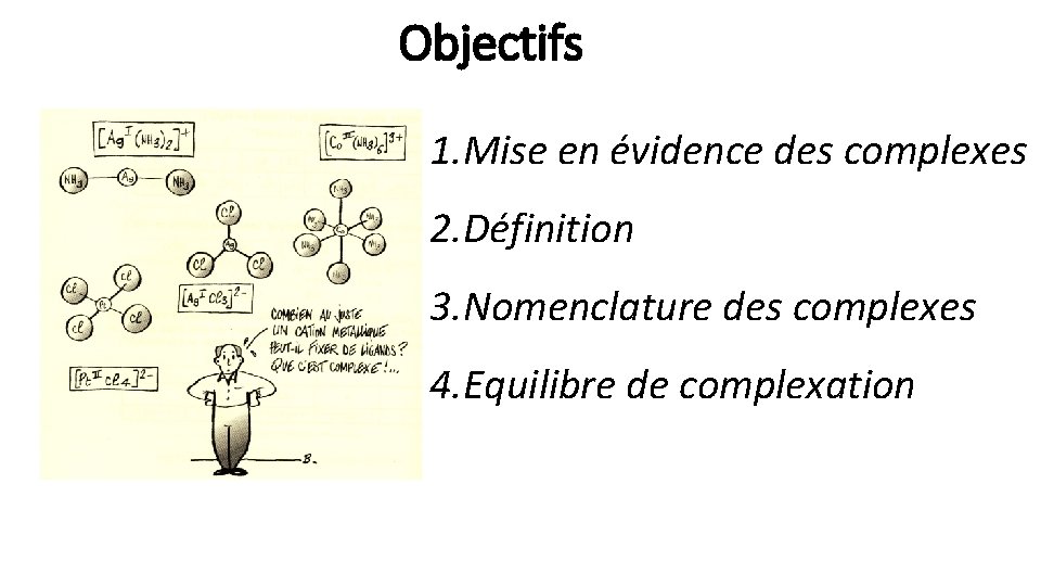 Objectifs 1. Mise en évidence des complexes 2. Définition 3. Nomenclature des complexes 4.