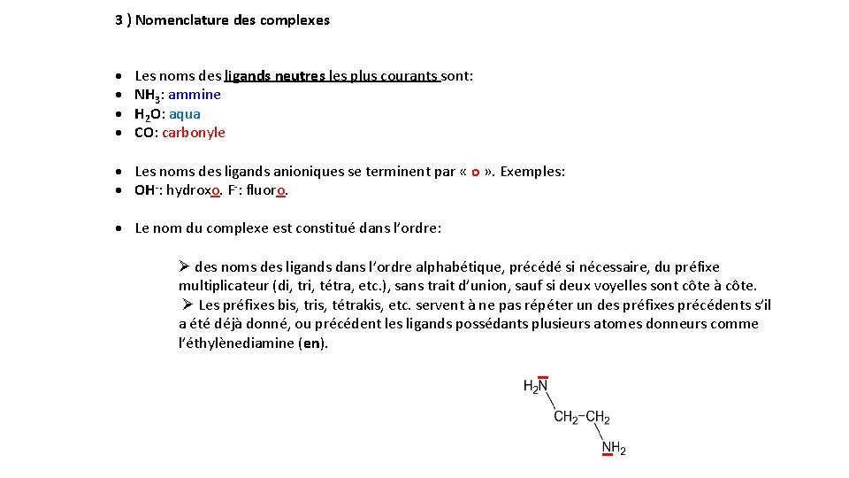 3 ) Nomenclature des complexes Les noms des ligands neutres les plus courants sont: