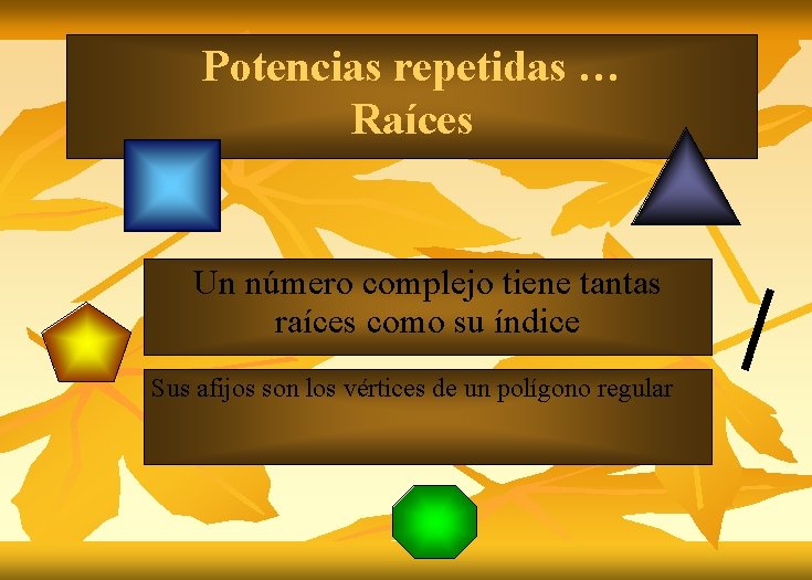 Potencias repetidas … Raíces Un número complejo tiene tantas raíces como su índice Sus