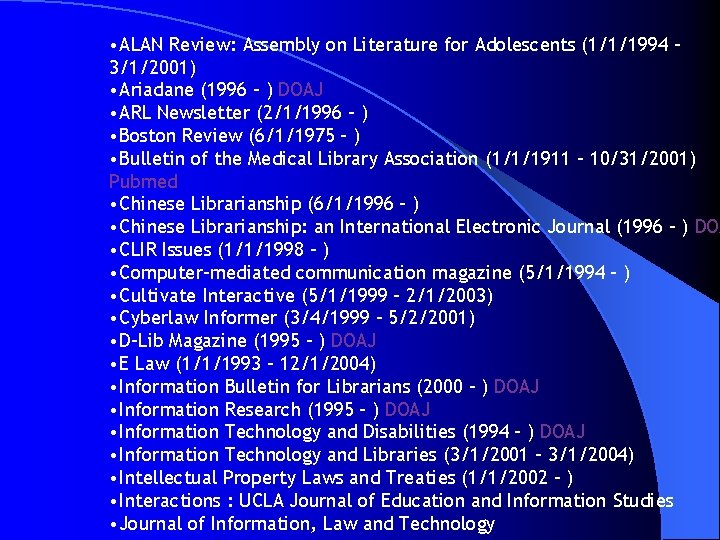  • ALAN Review: Assembly on Literature for Adolescents (1/1/1994 3/1/2001) • Ariadane (1996