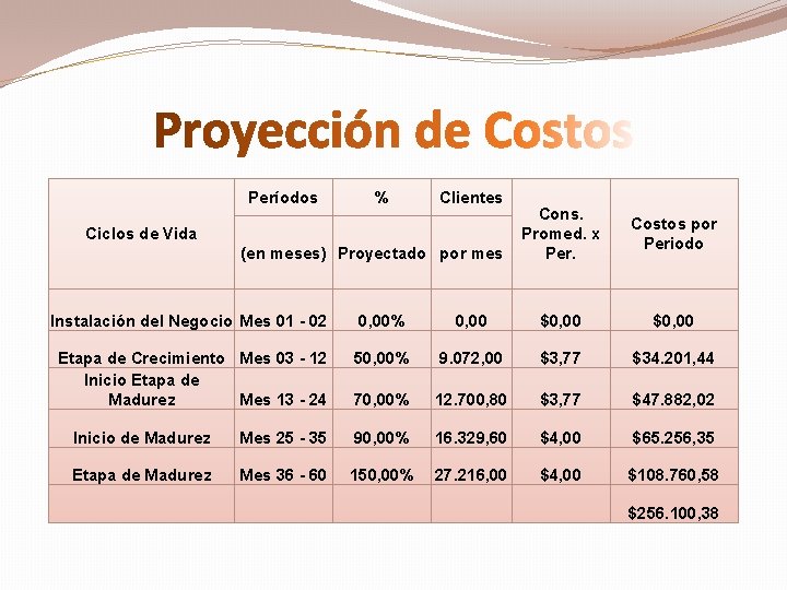 Períodos % Clientes Ciclos de Vida (en meses) Proyectado por mes Cons. Promed. x