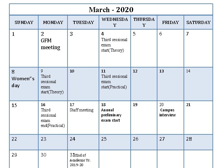 March - 2020 SUNDAY 1 MONDAY TUESDAY WEDNESDA Y THURSDA Y 4 5 6