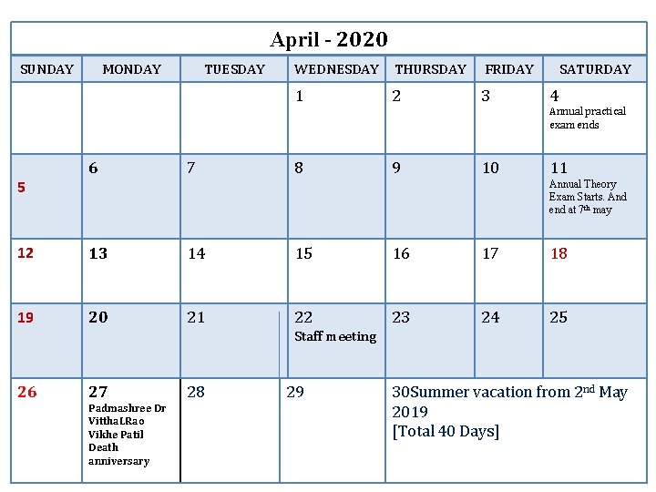 April - 2020 SUNDAY MONDAY TUESDAY WEDNESDAY THURSDAY FRIDAY 1 2 3 SATURDAY 4