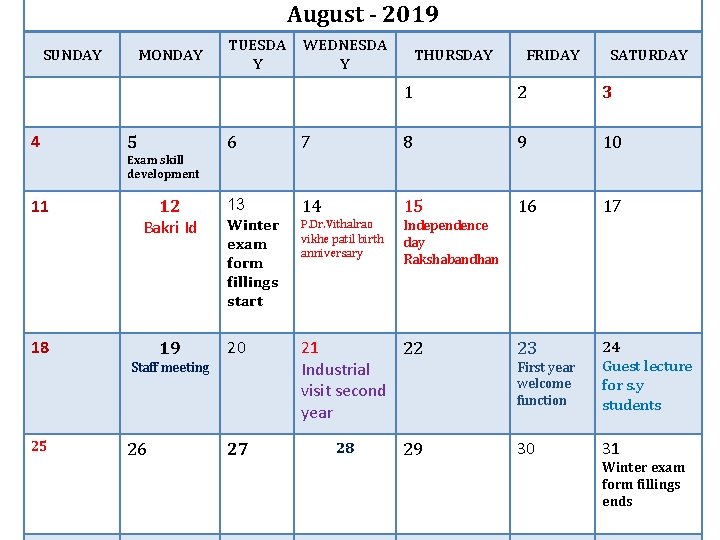 August - 2019 SUNDAY 4 MONDAY 5 TUESDA Y WEDNESDA Y THURSDAY FRIDAY SATURDAY