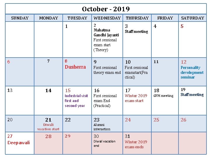 October - 2019 SUNDAY MONDAY TUESDAY 1 6 13 20 7 8 Dusherra 14