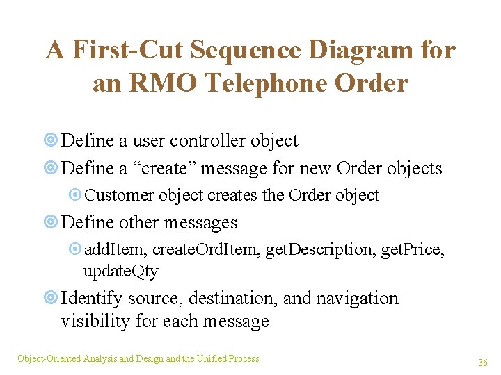 A First-Cut Sequence Diagram for an RMO Telephone Order ¥ Define a user controller
