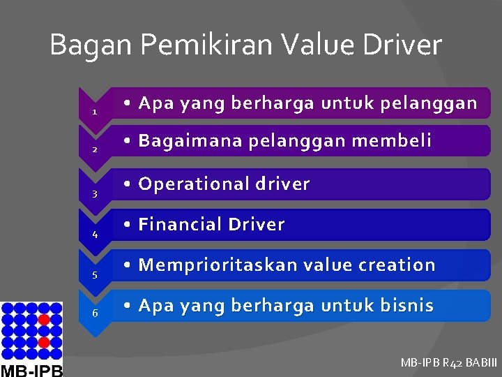 Bagan Pemikiran Value Driver 1 • Apa yang berharga untuk pelanggan 2 • Bagaimana
