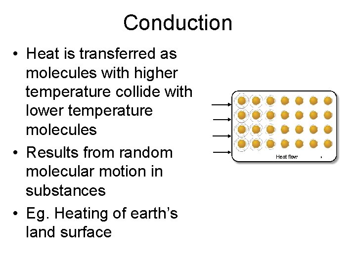 Conduction • Heat is transferred as molecules with higher temperature collide with lower temperature