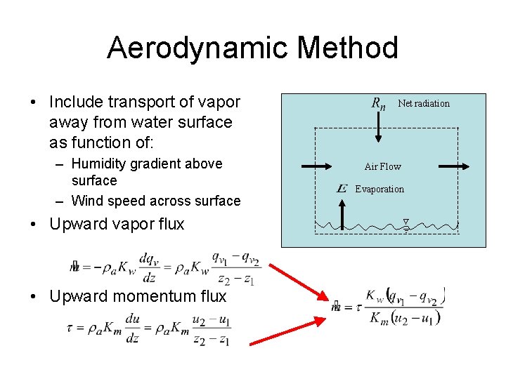 Aerodynamic Method • Include transport of vapor away from water surface as function of: