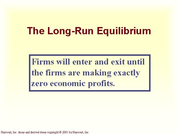 The Long-Run Equilibrium Firms will enter and exit until the firms are making exactly